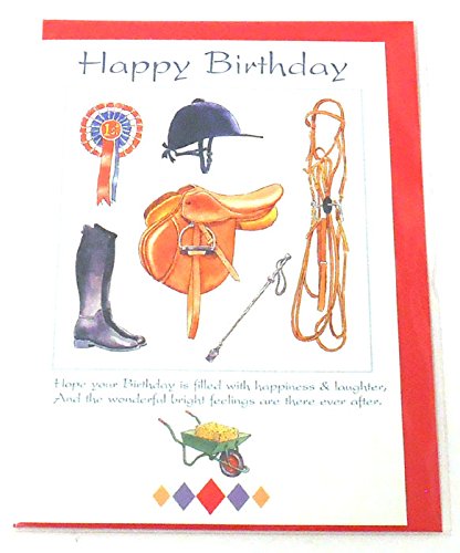Tarjeta del feliz cumpleaños caballo y jinete