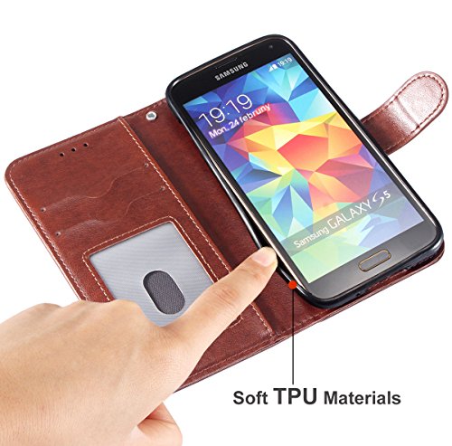 Galaxy S5 Hülle, S5 Hülle, LANOU Ledertasche im Bookstyle Handyhülle mit Ständer + Kartenfach PU-Leder Tasche Flip Handys Case Multifunktionale Brieftasche Etui Schutz Hülle für Samsung Galaxy S5 / i9600 (Kaffee Braun) - 4