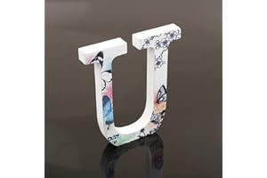 FREEAS Décoratif Bois Lettres, 26 Alphabet Blanc Lettres en Bois Avec Motif Papillon et Fleur imprimé pour Déco Nom des Enfants Fête d'anniversaire de Mariage Décoration de Maison et de Chambre à Couche (U)