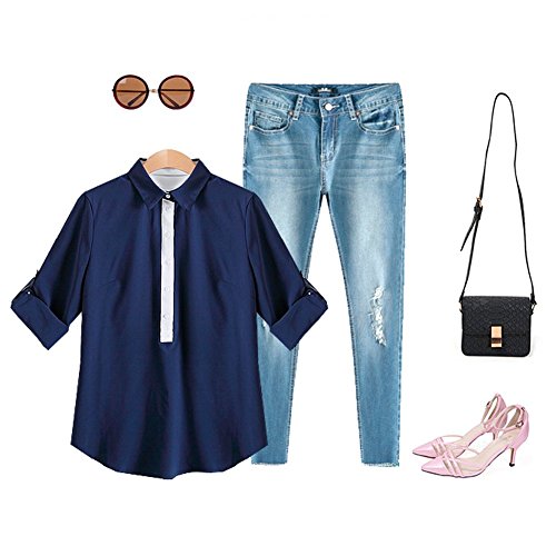 OS01 Women Autumn The New Leisure Long sleeve Blouse (M, BLUE)