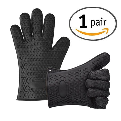 Topflappen Silikon, eLander Ofenhandschuhe Grill Zubehör Home Kitchen Tools für Indoor Outdoor ,Kochen, Backen,Widerstandshochtemperatur, Wärmedämmung, Einsatz als Grillhandschuh oder Topflappen - 1 Paar(Schwarz)