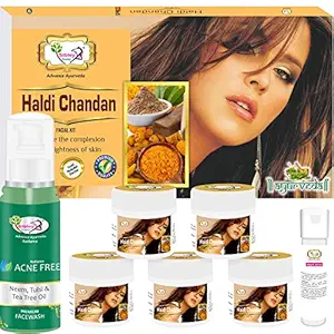 Sibley Beauty Facial Kit Combo of Haldi Chandan Facial Kit ( 155 gm + 10 ml) Pack of 6 + Neem Tulsi Tea Tree Oil Acne Face Wash (1 x 100 ml) - for Men Women Boys Girls Oily Normal Dry Skin.