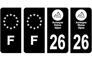 HADEXIA Lot 4 Autocollants Plaque immatriculation département 26 Drôme Région Auvergne-Rhône-Alpes Noir & F France Europe