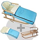 Paket besteht aus: BambiniWelt24 BAMBINIWELT Kombi-Angebot Holz-Schlitten mit Rückenlehne & Zugseil + universaler Winterfußsack (108cm), auch geeignet für Babyschale, Kinderwagen, Buggy, aus Wolle Uni türkis