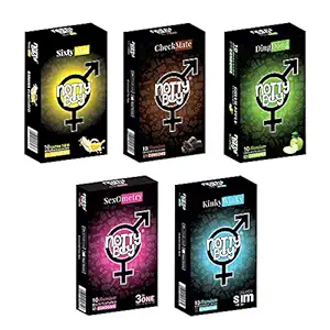 NOTTY BOY Mixed Family Pack Condoms - Extra Thin Banana, Chocolate, Green Apple, 3IN1 Ribs Dots Contour, Super Slim - ( 5x10s)