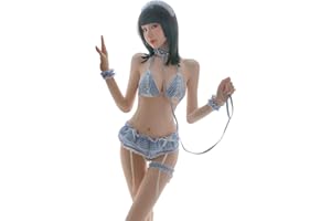 SINROYEE Damska seksowna bielizna cosplay zestaw falbany lalka niemowlę pluszowy strój biustonosz majtki koszula nocna z chokerem anime koronkowa babydoll