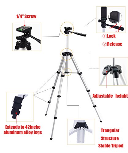 Phone Stativ,42 Zoll Leichtes Aluminium Telefon Kamera Stativ fÃ¼r Handy-Stativ Universal Smartphone Halter Mount mit Bluetooth FernauslÃ¶ser und Flexible & Hard Stand (Silber)
