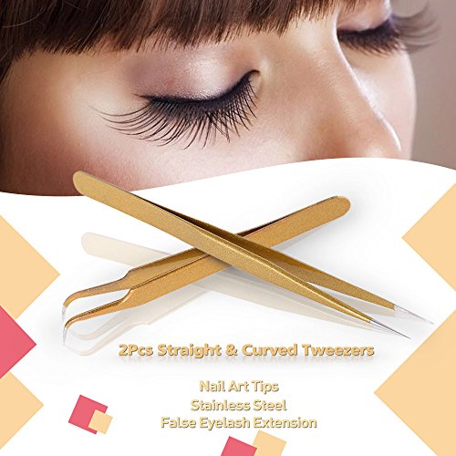 Anself 2St Wimpernpinzette Set aus Edelstahl Ink. Gebogen Pinzette+Spitzpinzette - 5