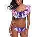 Produktbild Bikini-set Hffan Damen Rüschen Druck Schulterfrei Crop Tops Reizvolle Bademode + Vintage Farbdruck Badeshorts Mode Swimwear Beachwear Badeanzug Niedrig Taille Bademode Bathing Suits (Multicolour, S)