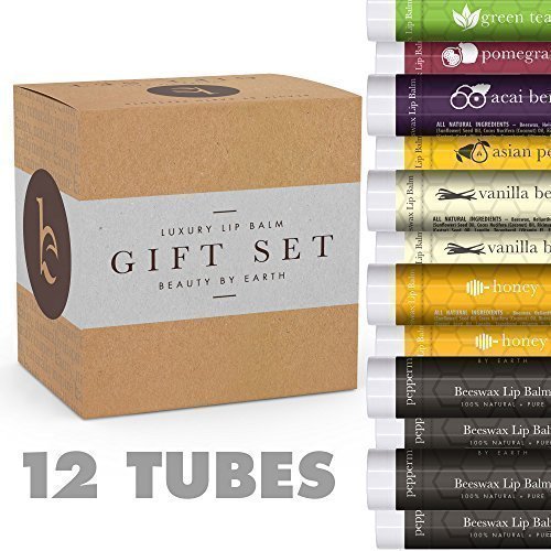 Lip Balm Gift Set - Pack of 12 Tubes of Beauty by Earth's Best Selling Beeswax Lip Care - 100% Natural Ingredients Including Coconut Oil and Aloe Vera - Flavors: Peppermint, Green Tea, Acai Berry, Asian Pear, Pomegranate, Honey and Vanilla Bean - Made in the USA