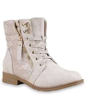 Stiefelparadies Damen Schnürstiefeletten Stiefeletten Worker Boots Kurzschaft-Stiefel Spitzenstoff Leder-Optik...