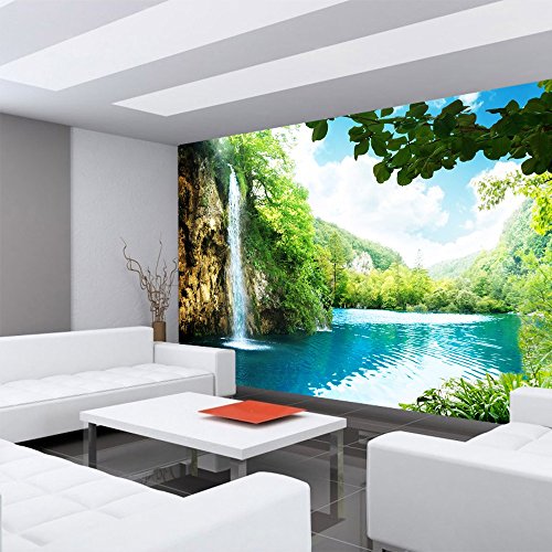 Vlies Fototapete PREMIUM PLUS Wand Foto Tapete Wand Bild Vliestapete – WATERFALL IN PARADISE – Wasserfall Lagune, Paradies Berge See Wald Bäume Landschaft – no. 035, Größe:350x245cm Vlies - 6
