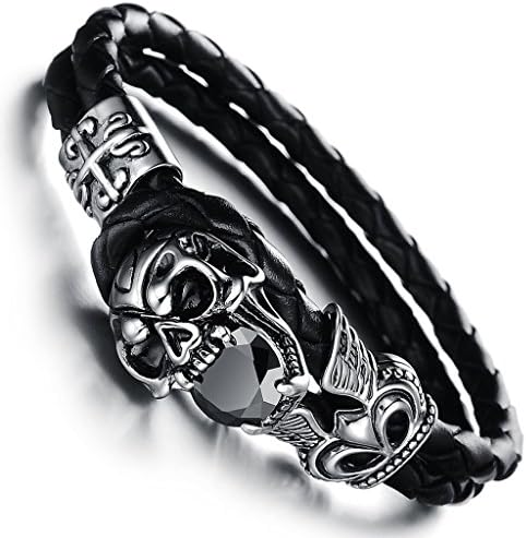 Jewow Jewellery Stainless Steel Skull Men's Braided Black Leather Bangle Bracelet Wristband