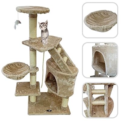 Todeco - Arbre à Chat, Perchoir pour Chat - Matériau: MDF - Matériau de la housse: Velours - 120 cm, 5 perchoirs, Beige