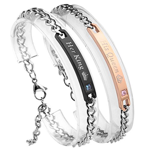 Jovivi Bracelet Couple Gravure Personnalisée avec Zircon Her King et His Queen Gravé Amoureux Gourmette Lien Poignet Curb Chaîne de Main Cadeau Saint-Valentin Couple