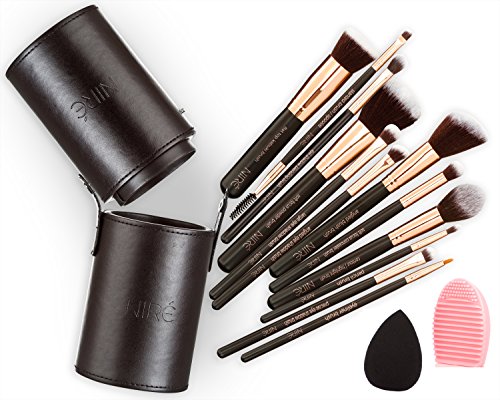 Niré Beauty 12 Makeup Brushes Set with Brush Holder and Silicone Brush Cleaner, Rose Golden + Blender