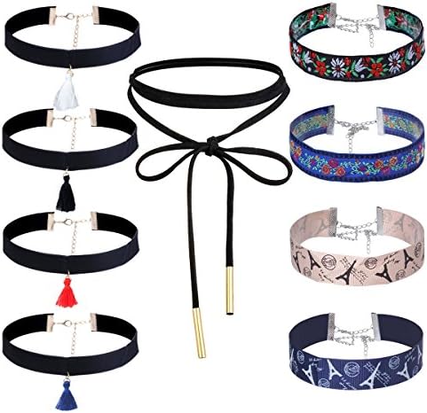 Elegant Rose 9 Pcs Choker Necklace for Women Girls, Tattoo Choker Classic Velvet Stretch Gothic Lace Black