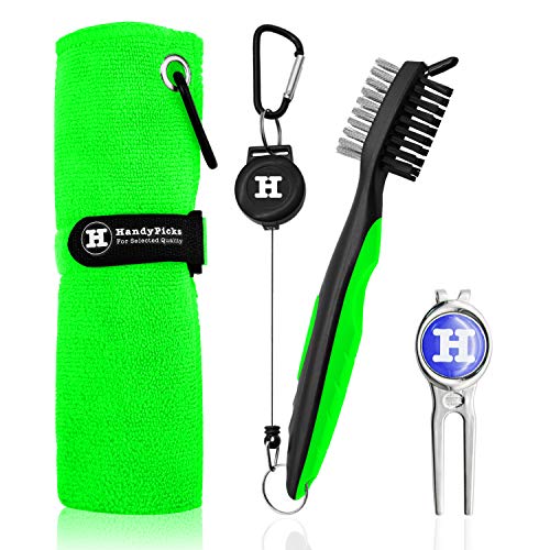 Limpiador de Palos de Golf, Toalla de Microfibra (40 x 40 cm) con mosquetón, Herramienta de reparación de chuletas con Marcador de Bola - Kit de Limpieza de Golf 3 en 1 de Handy Picks (Verde, 3-Pack)