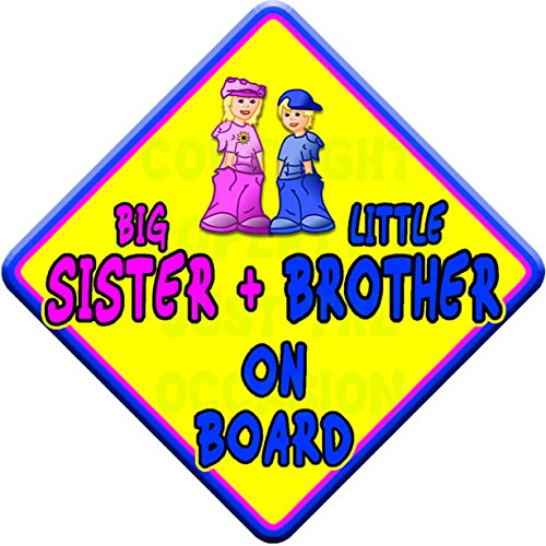 (SUN) BIG SISTER + LITTLE BROTHER ON BOARD (like baby on board sign) Non Personalised novelty baby on board car window sign.