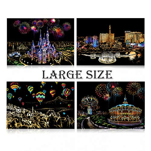 MAYISUMAI Scratch Art Paper Rainbow Painting Sketch Pad DIY Night View Scratchboard para Adultos y niños - 4 Paquetes, 16 X 11.2 Pulgadas