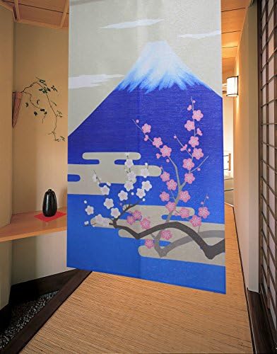Noren 85x150cm (Japanese Curtain) Mont Fuji and Plum Flowers Silver Thread Blue 12789 from Japan