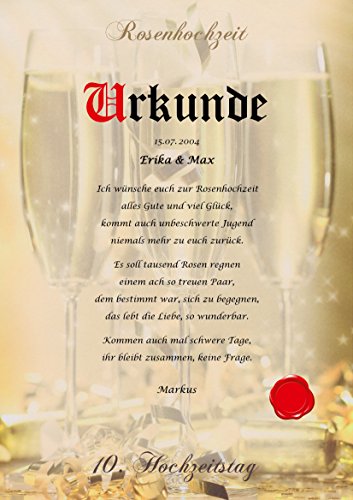 Rosenhochzeit Urkunde persönliche Geschenk Karte zum 10. Hochzeitstag Pergament div. A4 Papier Motive - 5