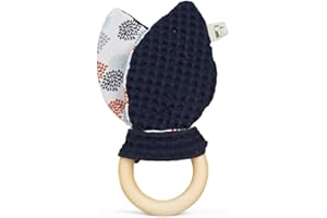 GRÜNSPECHT Organic Grip Ring with Rabbit Ears, Wooden Ring with Washable Fabric Ears Made of 100% Cotton (kbA) for Grip and Sense of Touch, Gift Toy Baby, Blue (696-V1)