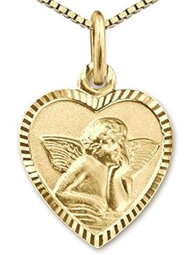 CLEVER SCHMUCK-SET Goldener Anhänger Herz 11 x 10 mm schmal mit Engel klassisch seidenmatt Rand glänzend diamantiert...