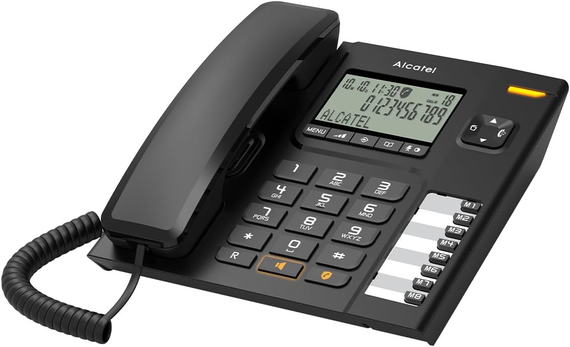 ALCATEL T78 - Teléfono con Cable - Pantalla Grande - Manos Libres - Bloqueo de Llamadas - Indicador Luminoso de Llamada entrante - Botón de rellamada - 8 Teclas de Memoria Directa - Negro
