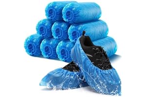 MOMENT Disposable Shoe Covers 100 Pack (50 Pairs), Waterproof Non Slip PE Plastic Shoes Protection Covers Indoor Cleaning Overshoes, Universal Size for Most Kids Adults Men and Women, Blue
