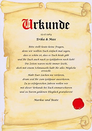 Goldene Hochzeit Urkunde persönliche Geschenk Karte zum 50. Hochzeitstag Pergament div. A4 Papier Motive - 3
