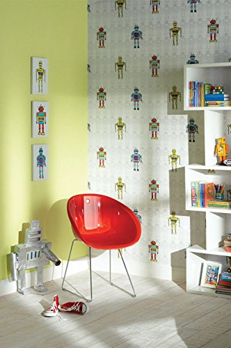 Kindertapete im Roboter Design Türkis, Gelb, Grün , schöne tolle Tapete für Jungen und Mädchen , Deco Technik inklusive Newroom Tapezier Ratgeber mit Tipps für perfekte Wände - 2