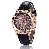 MJARTORIA Damen Armbanduhr Frauen Analog Quarzuhr Kreativ Glas Blumen Zifferblatt Gold Farbe Gehäuse Schwarz PU Lederband Studenten Uhr Geschenk