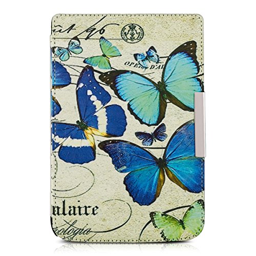 kwmobile Hülle für Pocketbook Touch Lux 3 / Touch Lux 2 – Flipcover Case eReader Schutzhülle – Bookstyle Klapphülle Schmetterlinge Vintage Design Blau Mintgrün Beige - 6