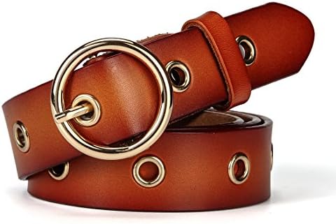 McFanBe Girls Women Leather Belt for Jeans with Alloy Buckle Grommet Hollow Rivets 1.1" Width (XL(37"-43"), Brown)