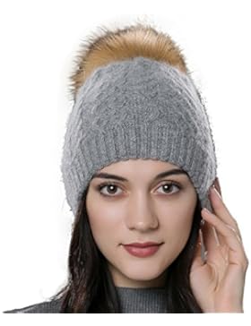 URSFUR Unisex Herbst Winter weiche und elastische Mütze aus Baumwoll mit Bommel aus Fuchspelz / Waschbär Fell...