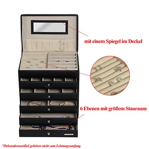 Yorbay Schmuckkoffer Seelux Serie Schmuckkasten mit Spiegel, 5 Schubladen (Schwarz) - 4