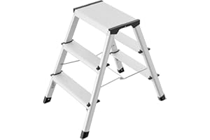 Hailo D60 StandardLine Alu-Klapptritt-Leiter - 2x3 Stufen belastbar bis 150 kg - Trittleiter mit Klappsperre - Füße mit Soft-Grip-Sohle - platzsparend zusammenklappbar - Aluleiter rostfrei - Silber