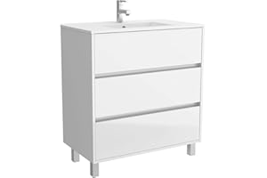 SALGAR Conjunto Mueble baño 80 cm con Lavabo 100% montado de fábrica | Modelo Arenys color Blanco lacado Brillo a suelo 3 cajones cierre amortiguado con Lavabo porcelana blanca | Tiradores tipo uñero