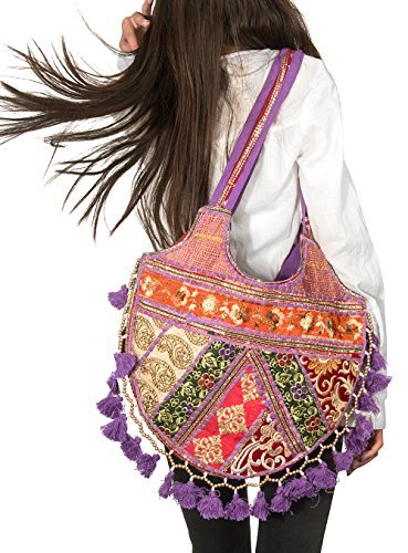 Tribe Azure Para Mujer Bolsa De Hombro Mediano Colorido Amplio Casual Boho Bolso Para Viajar Para La Playa Asa Superior Borla Brillante Púrpura