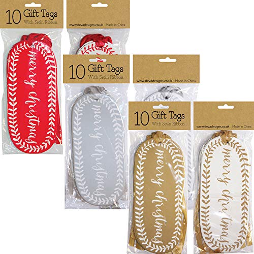 Christmas Gift Tags - 30 Merry Christmas Gift Labels - 10 Each of Red, Silver and Gold