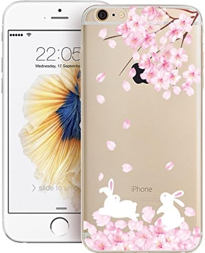 iPhone SE 5s 5 Case with Free Tempered Glass Screen Protector, Bestsky Lovely Rabbit Cat Sakura Pattern Crystal Clear Soft Silicone TPU Bumper Case Protective Cover for Apple iPhone SE/5S/5 (White Rabbits and Cherry Blossoms)