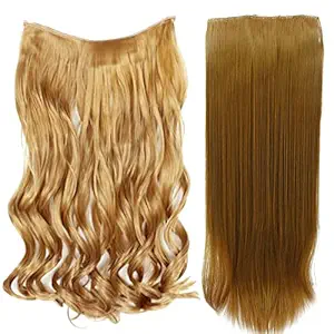 ASG Set of 2 Pcs 5 Clip Based Straight & Curly Hair Extension / Wig for Women & Girls - 24 Inch (Golden)