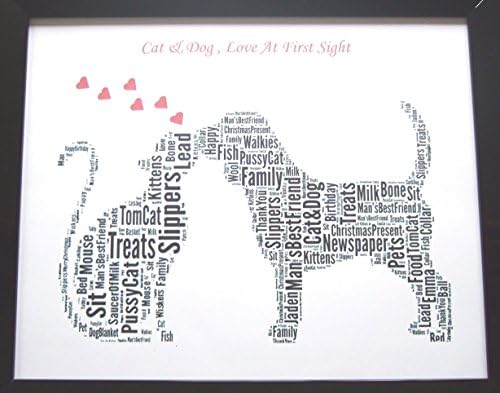 New Personalised Cat & Dog ' Love At First Sight ' Word Art, Birthday, Christmas, General Gift. Presented in 8"x10" Glass Front Frame, Unique Gift & Keepsake
