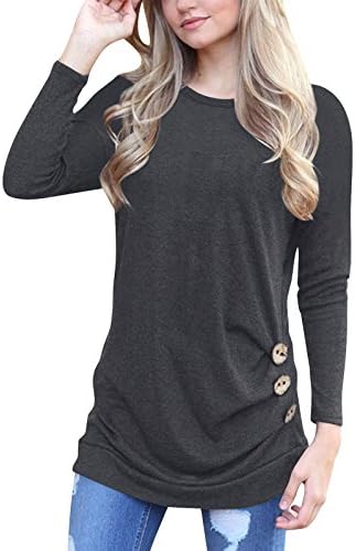 Women's Button Trim Blouse Long Sleeve Round Neck Tunic T-Shirt Solid Color Top