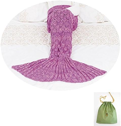 ikee Crochet Mermaid Tail Blankets with Fish Scales, Fishtail Cozy Sleeping Bags for children &amp; adults ( roseo &amp; acid blue &amp; dark pink &amp; purple ) (56in×28in, roseo)