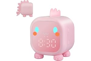 Ayybboo Sveglia Digitale per Bambini,Sveglia Ragazze da Comodino con Simulatore di Alba,Dinosauro Sveglie Funzione di Snooze Luce Notturna Colorata Temporizzata (Rosa)