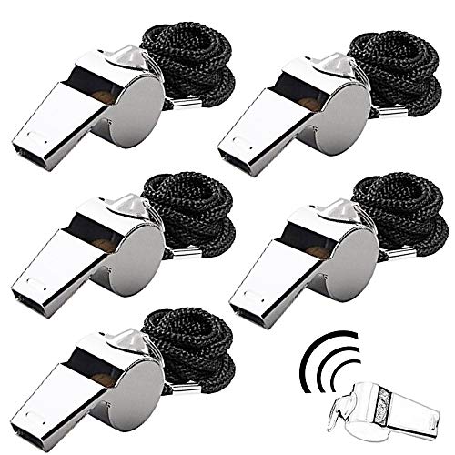 Gasea 5 PCS Arbitre Entraîneur Sifflet Acier Inoxydable Sifflet Extra-Bruyant avec Cordon pour Les Sports Scolaires, Football, Basketball Protection des Sauveteurs de Urgence