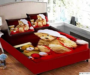 CURTILE Digitally Printed Velvet Bedsheet for Double Bed, King Size Bedsheets with Two Pillow Covers, Themed Bedding Sheet for Home Kids Guest Bedroom, 95 x 105 Inches, Teddy Red