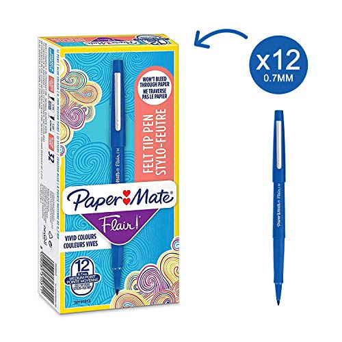 Paper Mate Flair - Rotulador, punta mediana de 0.7 mm, caja de 12, color azul